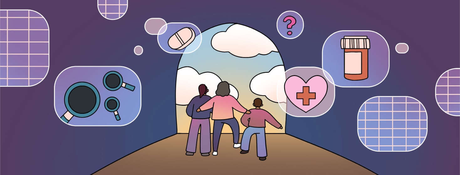 A group of people walk through darkness down a path towards an open doorway with a sunrise and clouds, surrounded by symbols of medicine and medical care