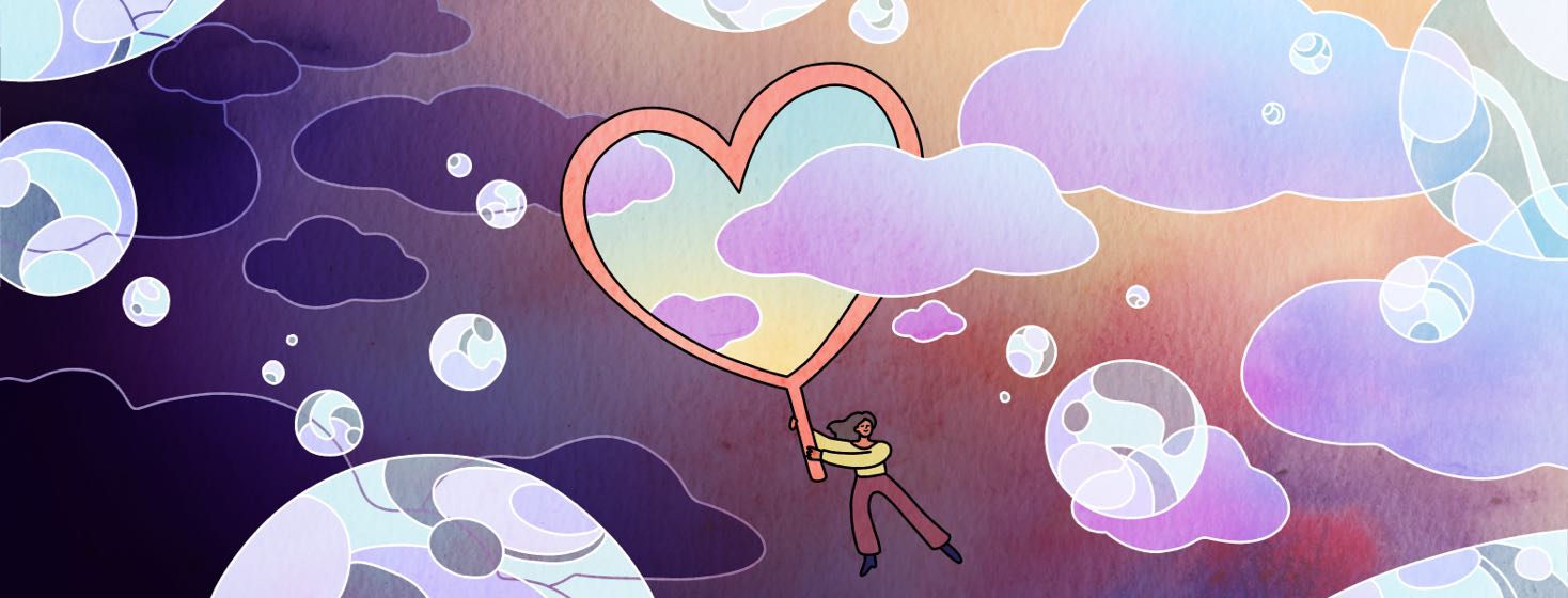 A woman holds up a heart-shaped bubble blower, as dark clouds pass through the heart and become bright clouds