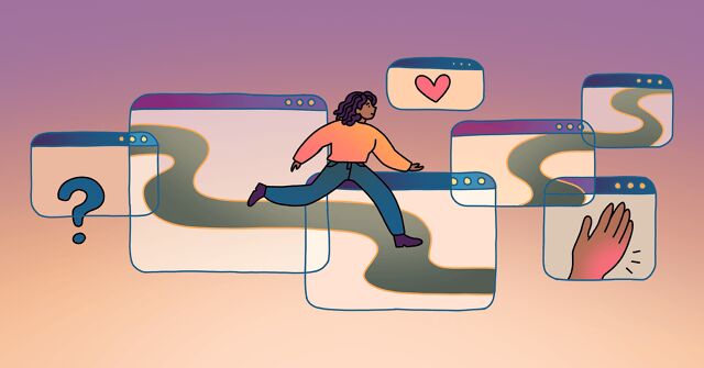 A woman jumps between web browser windows on a path.