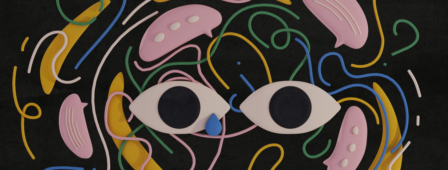 A set of floating eyes, one with a tear. There are swirls of lines and speech bubbles floating behind the eyes